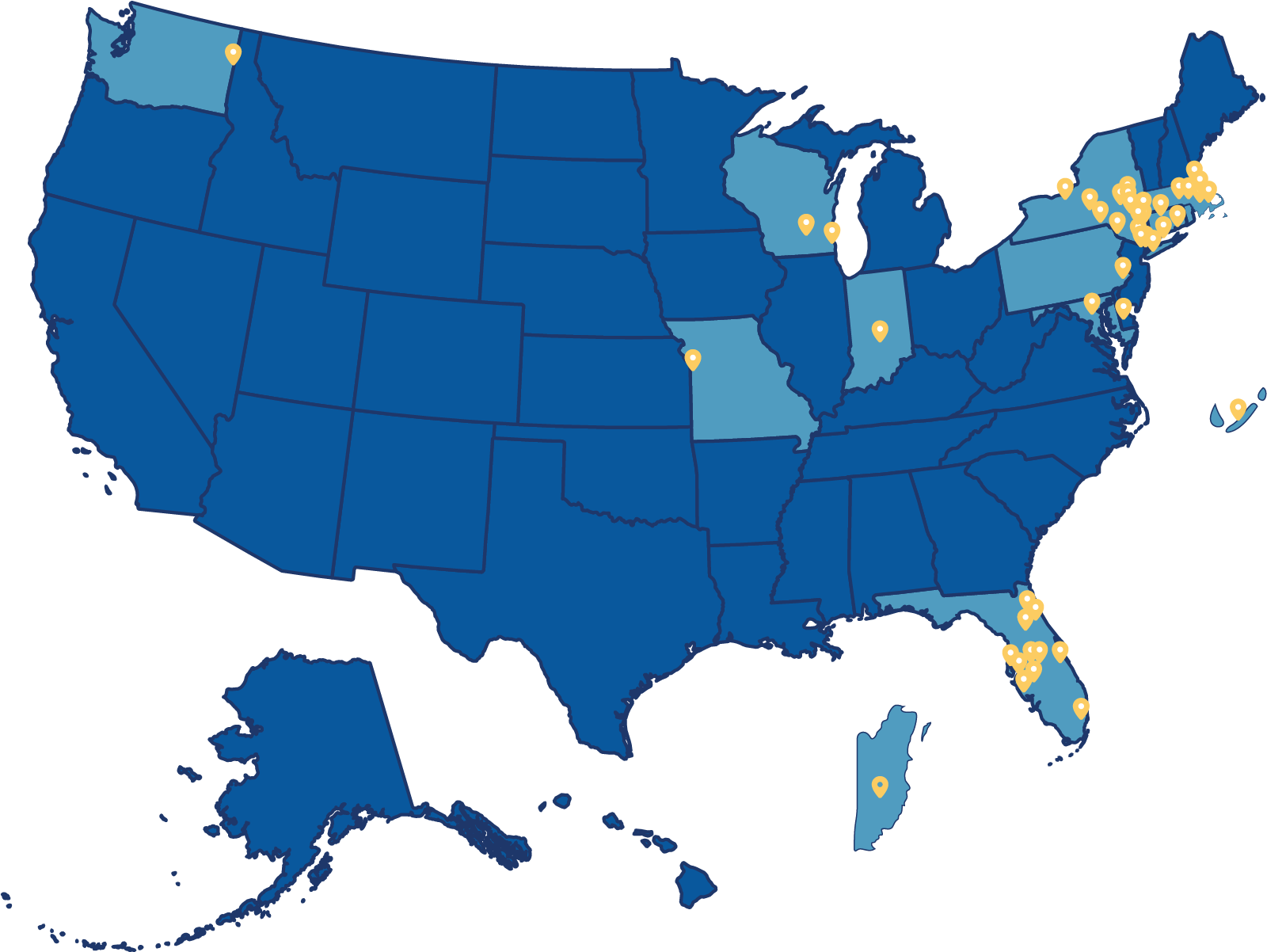 US map highlighting locations in states including Washington, Missouri, Wisconsin, Indiana, Florida, Maryland, Pennsylvania, New York, Massachusetts, Connecticut, and Rhode Island, as well as Bermuda and Belize.
